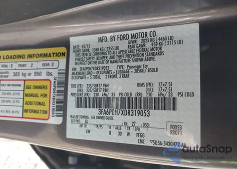 2013 Ford Fusion Se z USA, uszkodzony, nr VIN 3FA6P0H7XDR319053